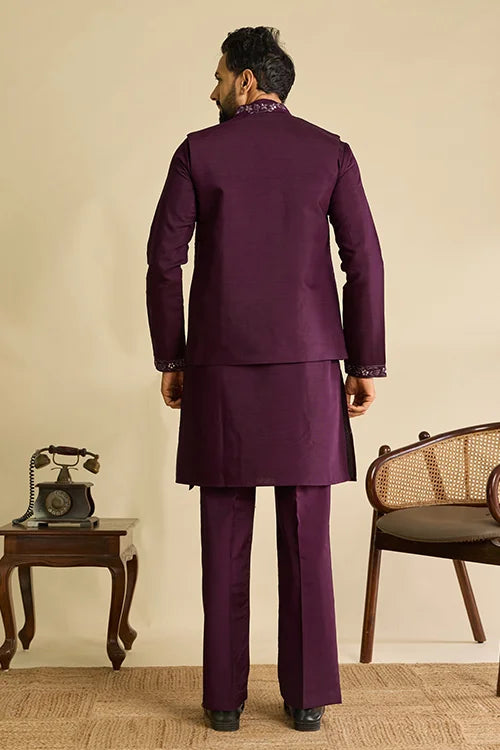 Back View of Royal Purple Mirror Work Koti Kurta Set for Men's Wear