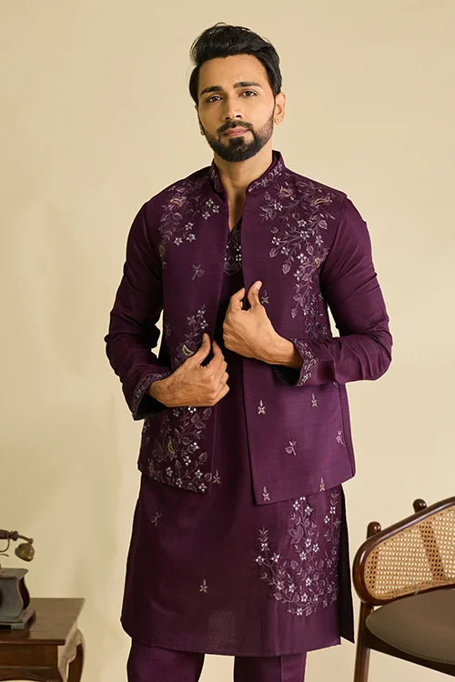 Front View of Royal Purple Mirror Work Koti Kurta Set for Men's Wear