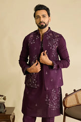 Front View of Royal Purple Mirror Work Koti Kurta Set for Men's Wear