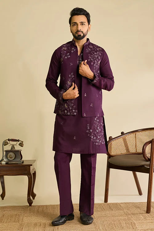 Close-Up of Mirror Work on Royal Purple Koti Kurta Set
