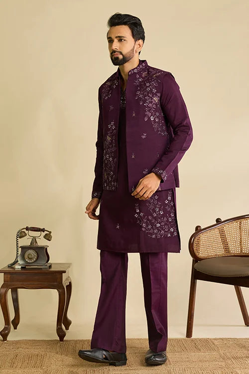 Side View of Royal Purple Mirror Work Koti Kurta Set for Men