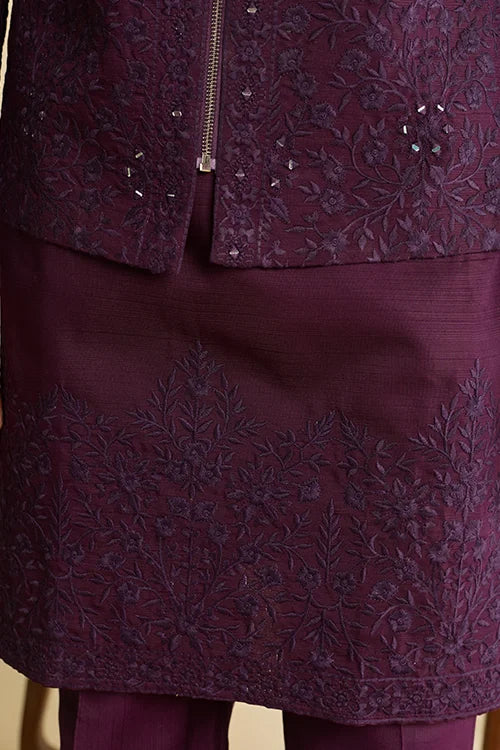 Side View of Royal Purple Embroidered Koti Kurta Set for Men