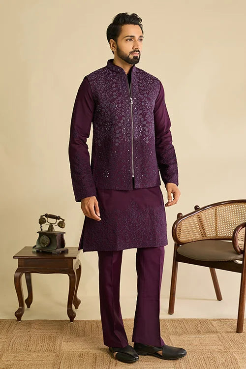 Detailed Embroidery on Royal Purple Viscose Silk Koti