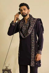 Front View of Royal Purple Japanese Fabric Kurta with Dupatta Set for Men