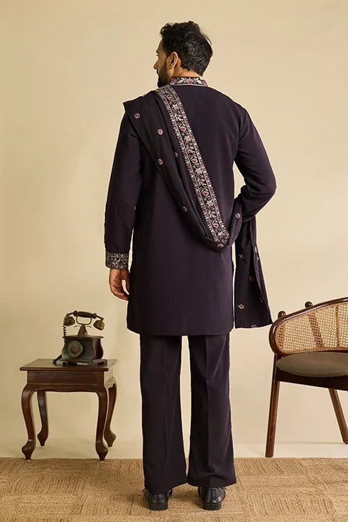 Back View of Royal Purple Japanese Fabric Kurta with Dupatta Set for Men