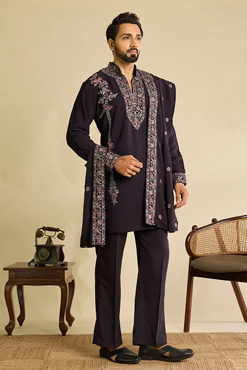 Full-Length Royal Purple Japanese Fabric Kurta with Dupatta Set