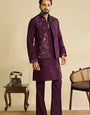 Royal Maroon Mirror Work Koti Kurta Set for Mens Wear