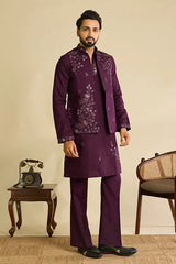 Royal Purple Mirror Work Koti Kurta Set for Men's Wear