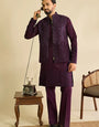 Royal Purple Viscose Silk Embroidered Koti Kurta Set for Mens Wear