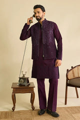 Royal Purple Viscose Silk Embroidered Koti Kurta Set for Men's Wear