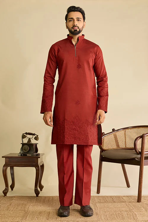Full-Length Royal Rust Red Viscose Silk Embroidered Koti Kurta Set
