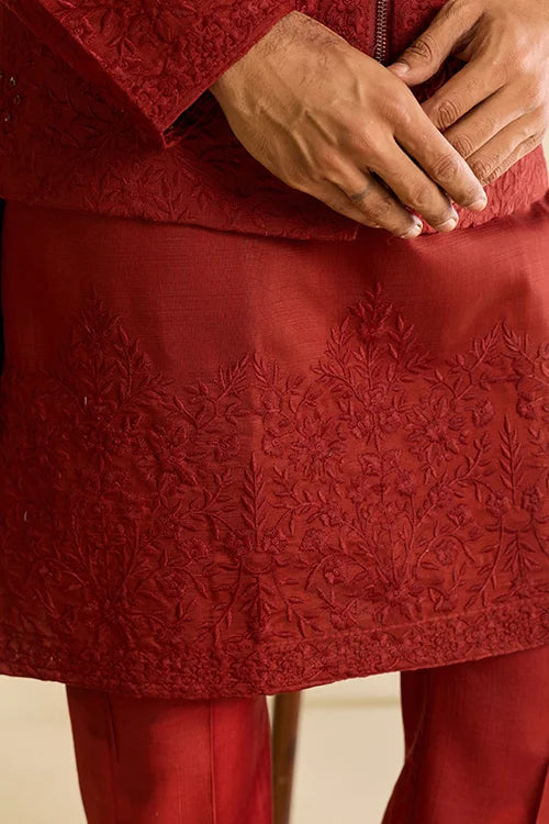 Detailed Embroidery on Royal Rust Red Viscose Silk Koti