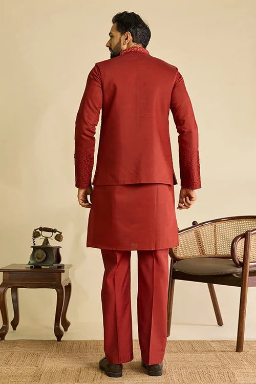Back View of Royal Rust Red Viscose Silk Embroidered Koti Kurta Set for Men