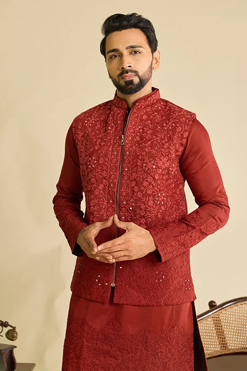 Front View of Royal Rust Red Viscose Silk Embroidered Koti Kurta Set for Men