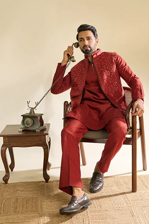 Close-Up of Embroidery on Royal Rust Red Viscose Silk Kurta