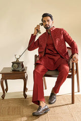 Close-Up of Embroidery on Royal Rust Red Viscose Silk Kurta