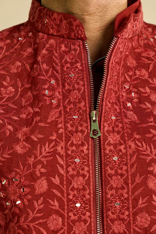 Royal Rust Red Festive Embroidered Kurta Set for Men