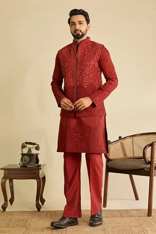 Royal Rust Red Viscose Silk Embroidered Koti Kurta Set for Men's Wear
