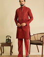 Royal Rust Red Viscose Silk Embroidered Koti Kurta Set for Mens Wear