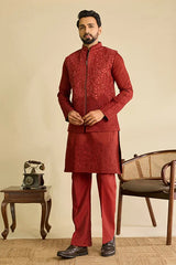 Royal Rust Red Viscose Silk Embroidered Koti Kurta Set for Men's Wear