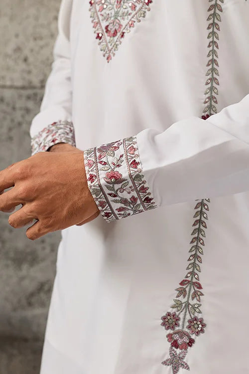 Close-Up of Embroidery on Royal White Japanese Fabric Kurta Dupatta Set