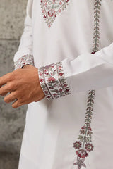 Close-Up of Embroidery on Royal White Japanese Fabric Kurta Dupatta Set
