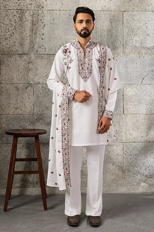 Royal White Japanese Fabric Embroidered Kurta Dupatta Set for Men's Wear