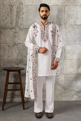 Royal White Japanese Fabric Embroidered Kurta Dupatta Set for Men's Wear
