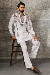 Detailed Embroidery on Royal White Japanese Fabric Kurta Dupatta Set