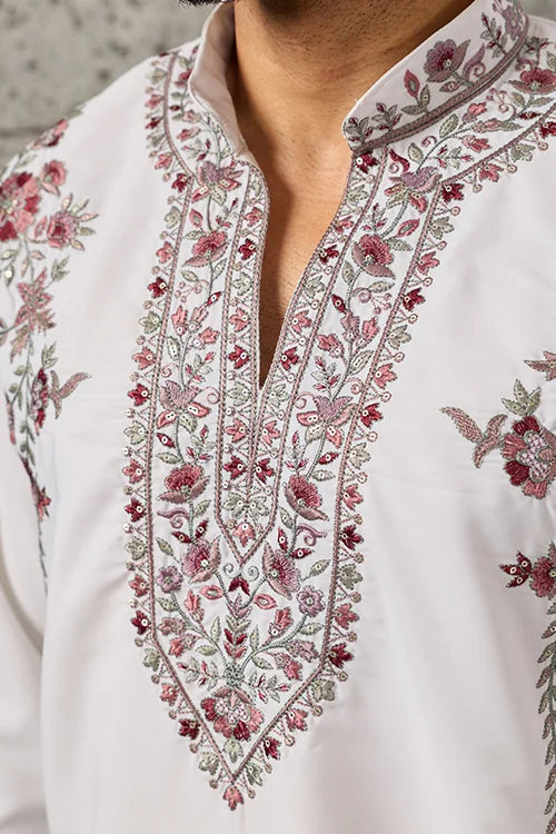 Full-Length Royal White Japanese Fabric Embroidered Kurta Dupatta Set for Men's Wear