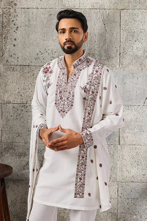 Side View of Royal White Japanese Fabric Embroidered Kurta Dupatta Set