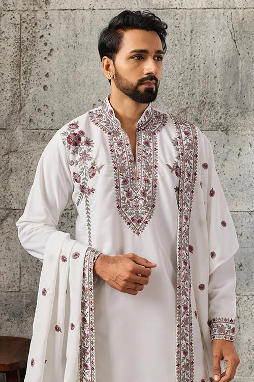 Royal White Japanese Fabric Ethnic Kurta Dupatta Set for Men