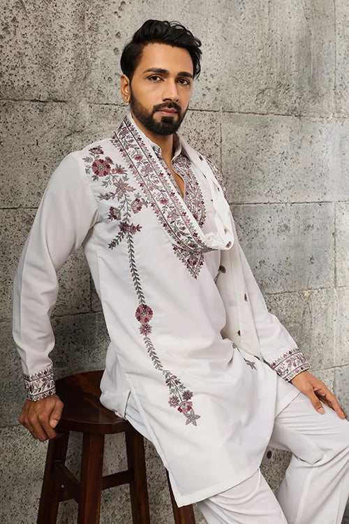 Front View of Royal White Japanese Fabric Embroidered Kurta Dupatta Set for Men's Wear