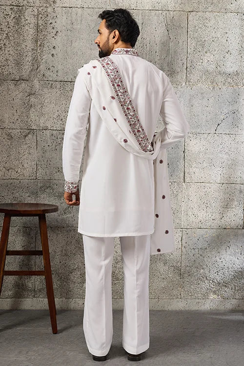 Back View of Royal White Japanese Fabric Embroidered Kurta Dupatta Set for Men's Wear