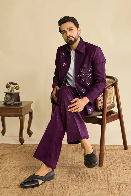 Close-Up of Mirror Work on Trending Designer Wine Men's Bomber Jacket