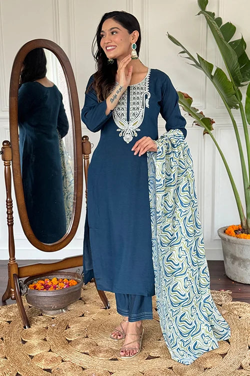 Women's Designer Kurti Set in Navy Blue with Poly Chanderi Dupatta