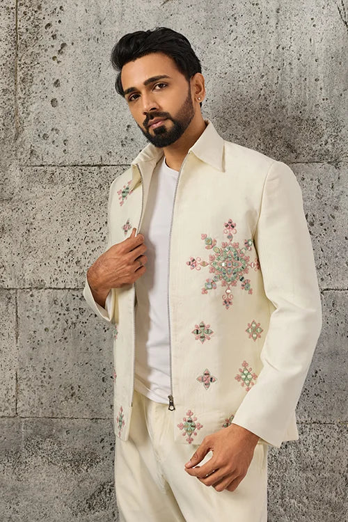 Front View of Exclusive Wedding Special White Mirror Work Men's Bomber Jacket