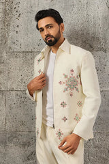 Front View of Exclusive Wedding Special White Mirror Work Men's Bomber Jacket