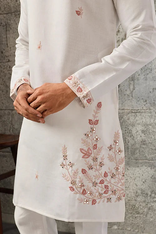Detailed Mirror Embroidery on Premium Designer White Koti Kurta Set