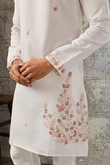 Detailed Mirror Embroidery on Premium Designer White Koti Kurta Set