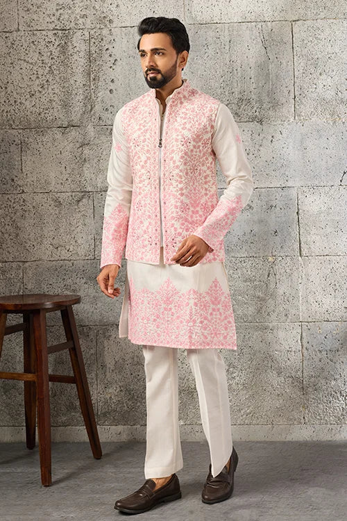 Luxury White Embroidered Viscose Silk Festive Koti Kurta Set for Men