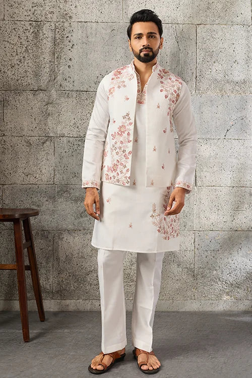 Side View of Premium Designer White Mirror Work Koti Kurta Set