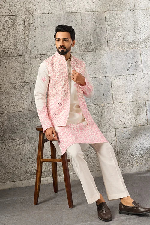 Luxury White Viscose Silk Koti Kurta Set with Embroidery for Men's Wear
