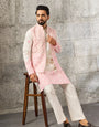 Luxury White Viscose Silk Koti Kurta Set with Embroidery for Mens Wear