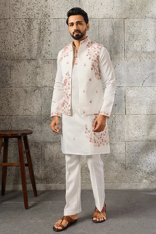 Close-Up of Mirror Work on Premium Designer White Koti Kurta Set