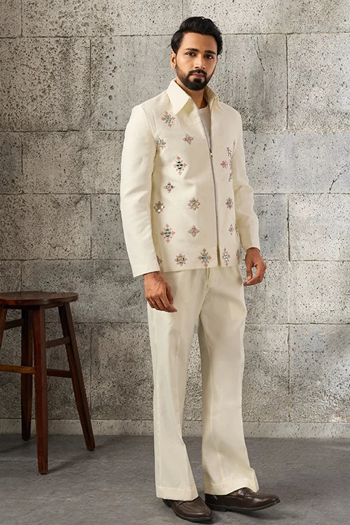 Side View of Exclusive Wedding Special White Mirror Work Men's Bomber Jacket