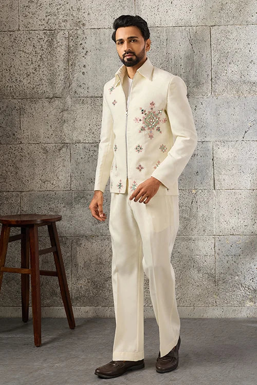 Full-Length Exclusive Wedding Special White Mirror Work Men's Bomber Jacket