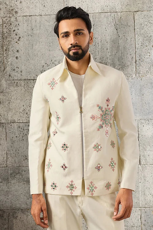 Luxury White Mirror Work Ethnic Bomber Jacket for Men