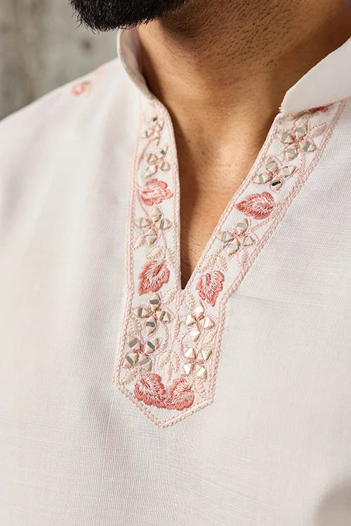 Full-Length Premium Designer White Mirror Work Koti Kurta Set for Men's Wear