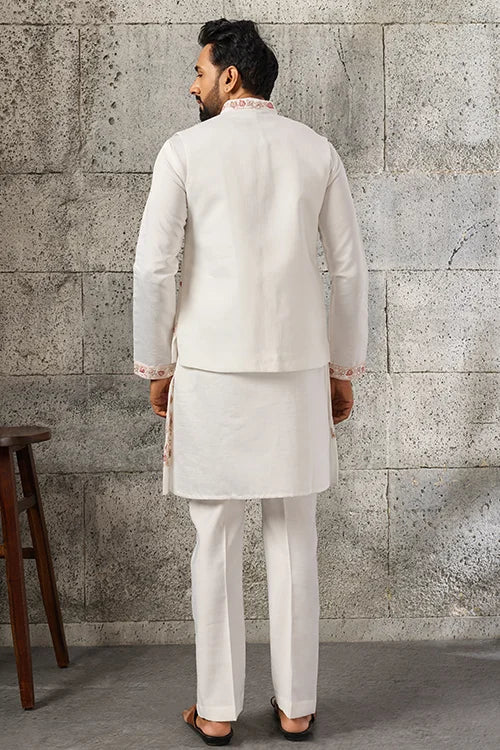 Luxury White Mirror Work Ethnic Koti Kurta Set for Men